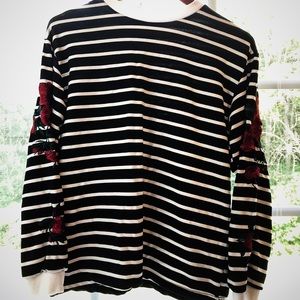 Rose embroidered long sleeved striped shirt